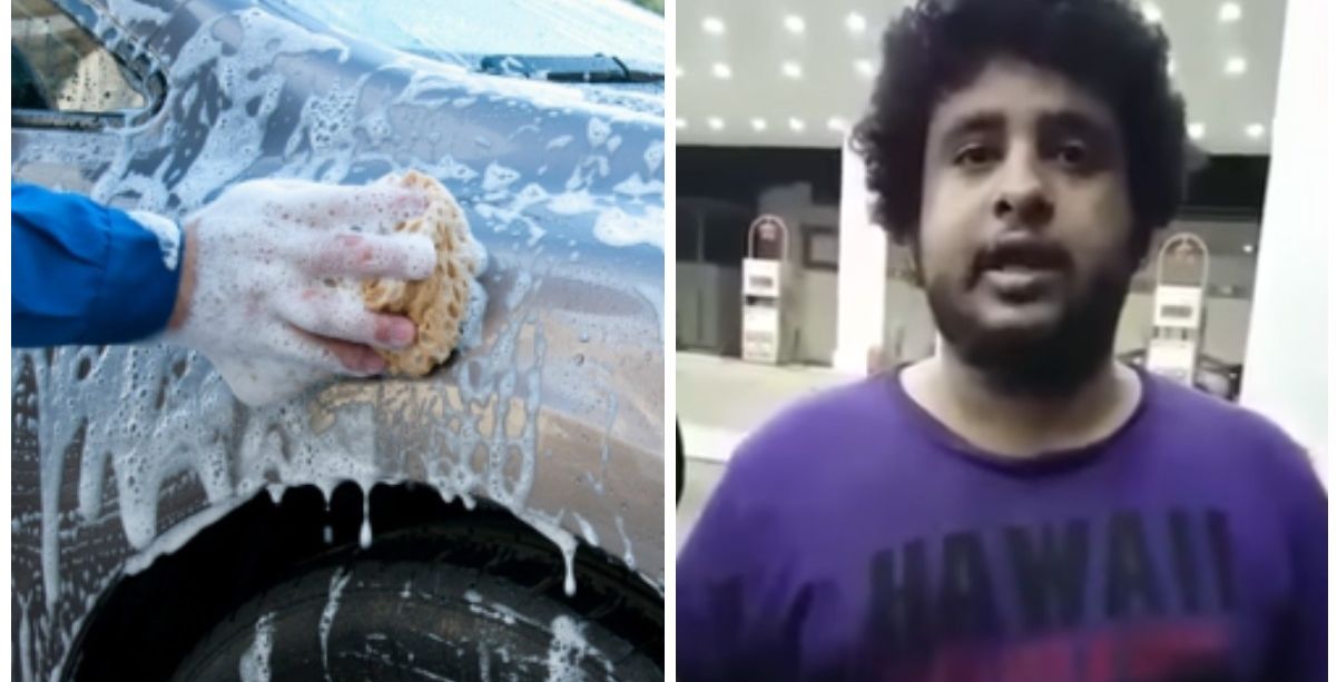 شاب سعودي متعلم يعمل في مغسل للسيارات