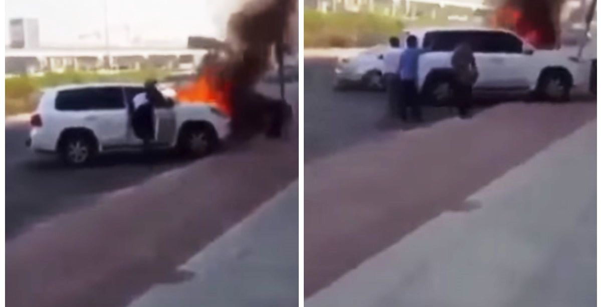 شاب حاول انقاذ سيارة من الحريق فحطمها
