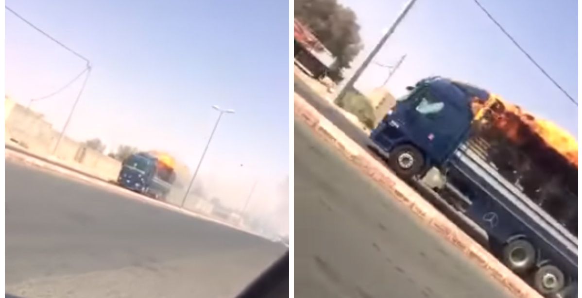 رجل امن سعودي يقود شاحنة مشتعلة لانقاذ من حولها