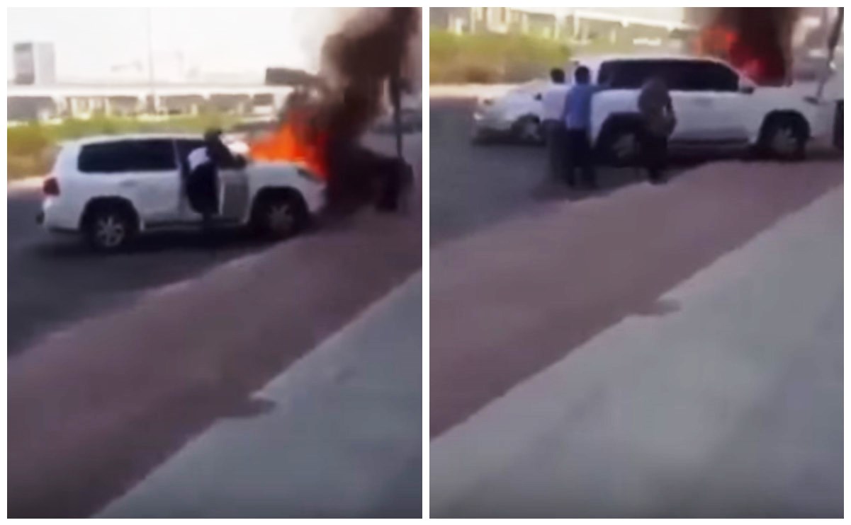 شاب حاول انقاذ سيارة من الحريق فحطمها