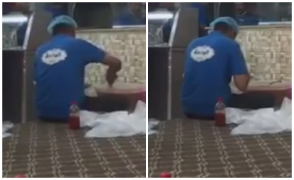 عامل ينفخ في كيس شطة باحد المطاعم