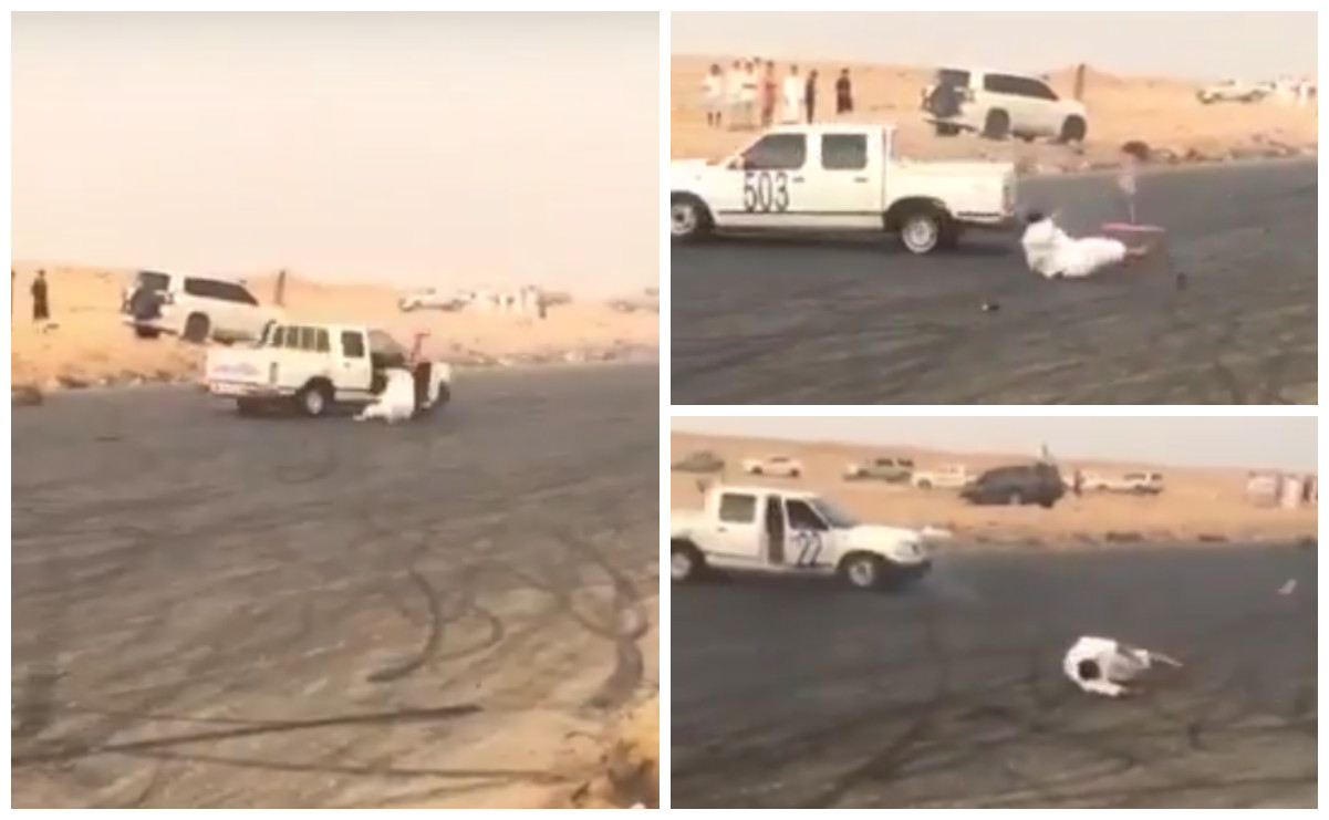 رجل يقع من مركبة في حادث تفحيط مرعب